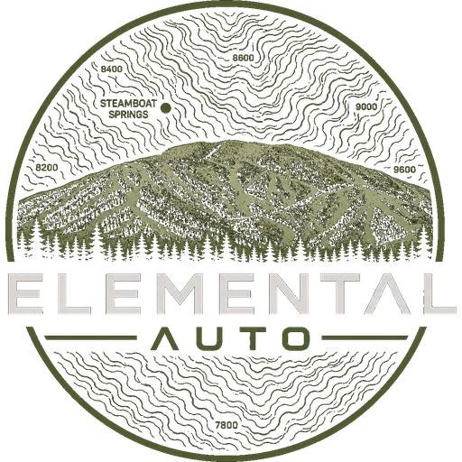 Elemental Auto badge — a topographic map of Steamboat Springs with Mount Werner